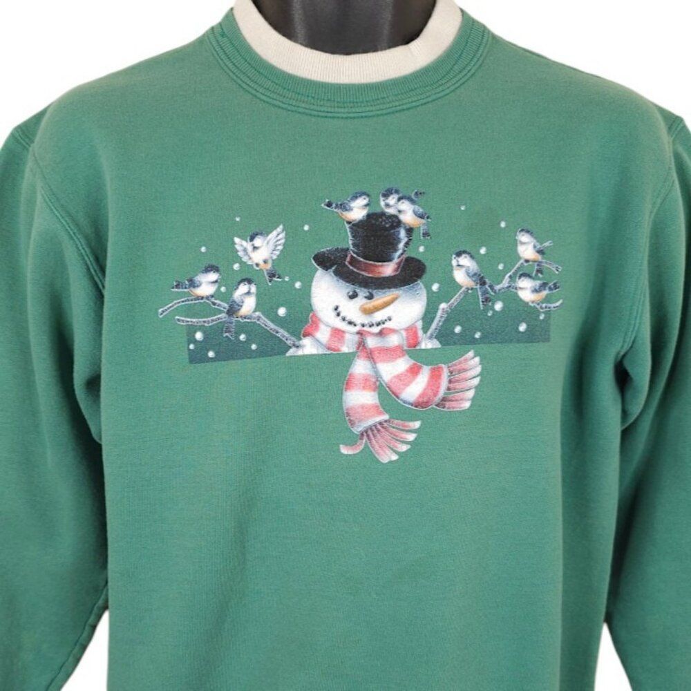 Vintage Christmas Snowman Sweatshirt Womens Size Medium Green 90s Birds Snow
